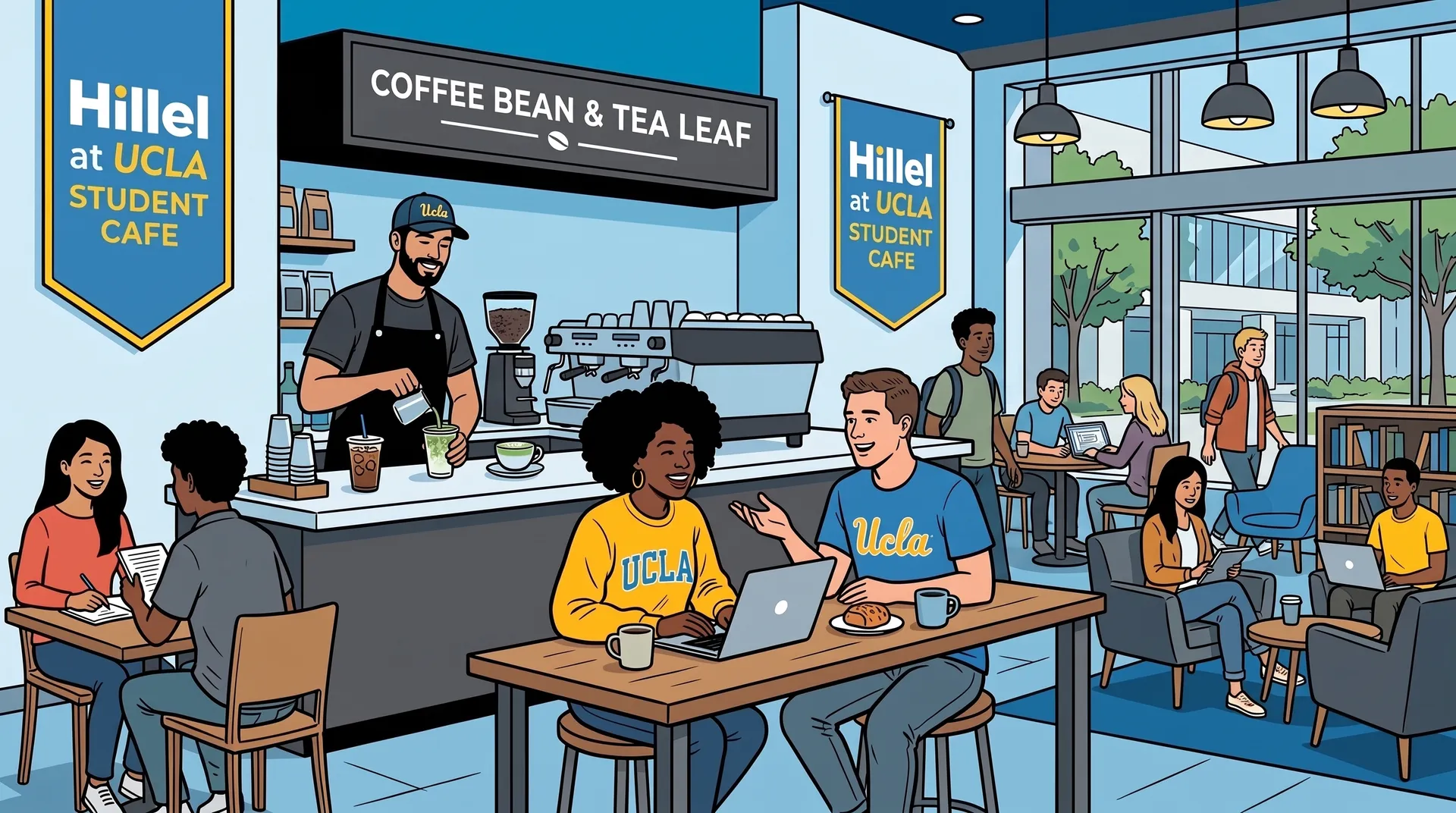 Illustration of university students relaxing and studying with coffee cups and a laptop at a modern cafe lounge counter.