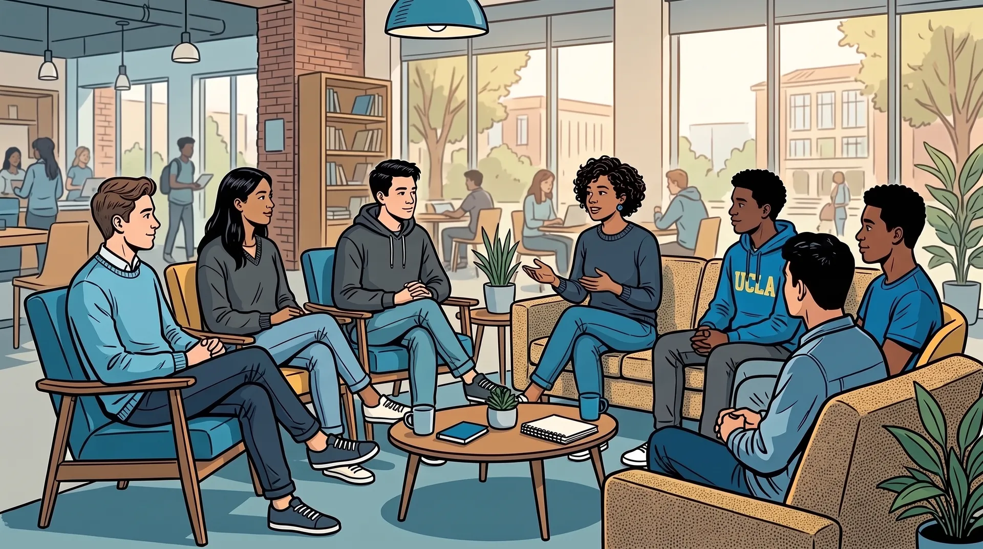 Graphic illustration of diverse college students seated in a discussion circle in an open lounge room with large windows.