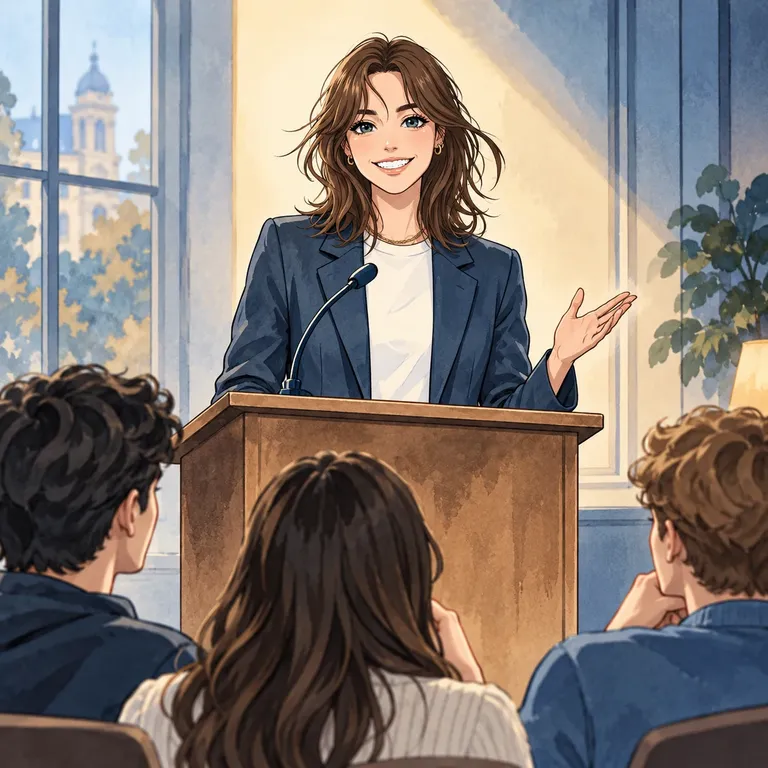 Illustration of a student speaking confidently at a podium to an attentive campus audience.
