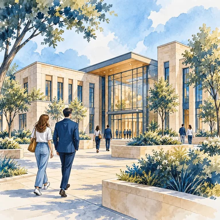 Concept illustration of a potential adjacent warm-stone and glass community building with people walking nearby.