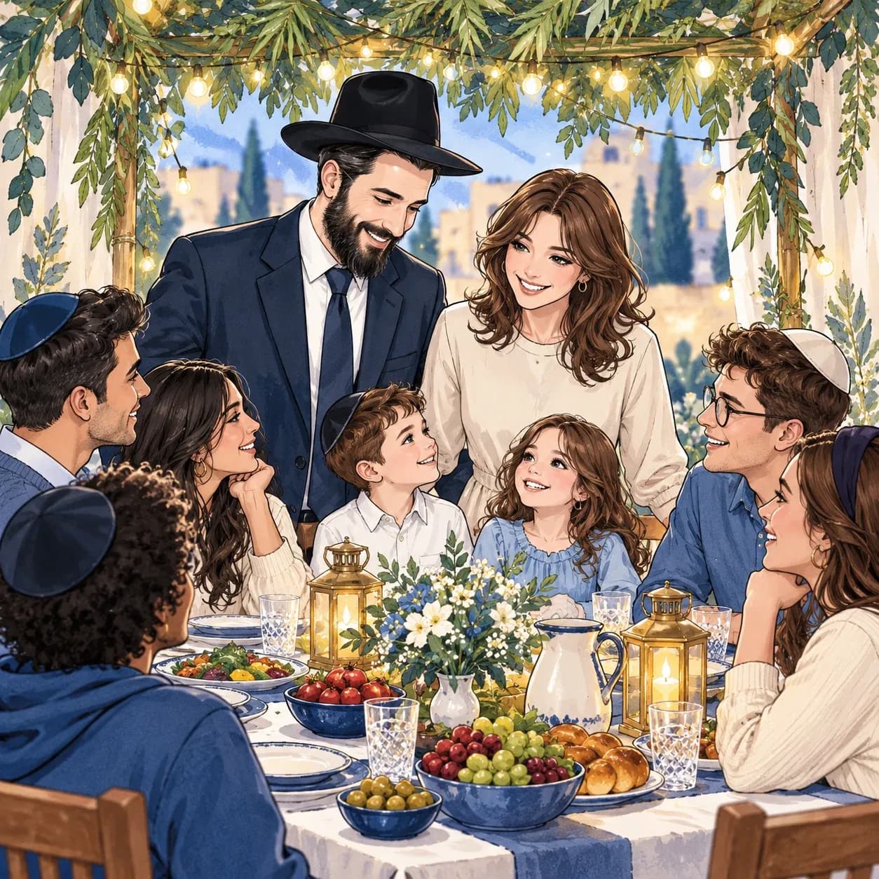 Illustration of an Orthodox family hosting college students around a festive table in a sukkah.