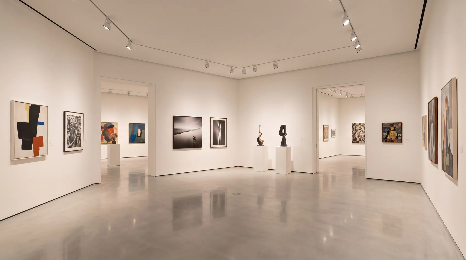 Interior of the Dortort Center art gallery with white exhibition walls, framed artwork, display pedestals, and track lights.