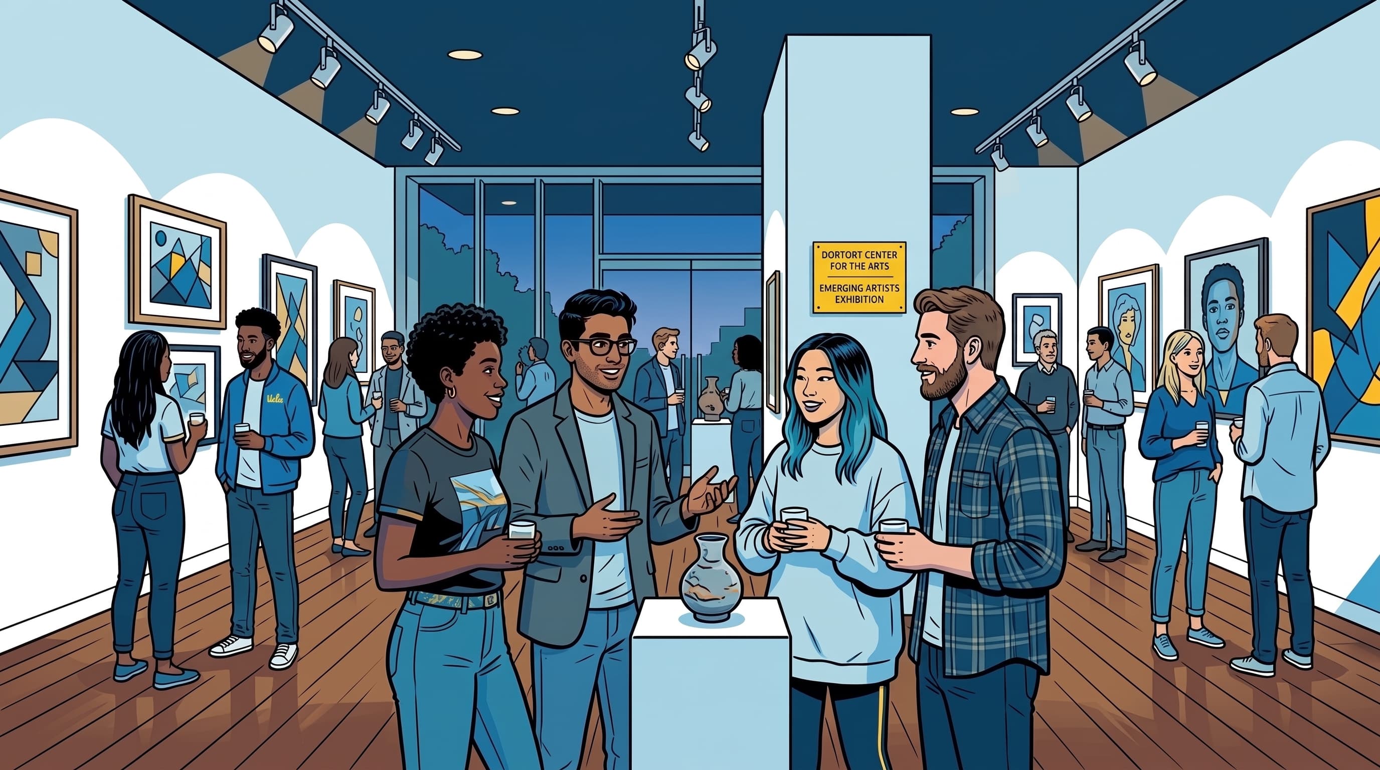 Graphic novel illustration of students and guests at an art gallery opening reception viewing wall art and sculptures.
