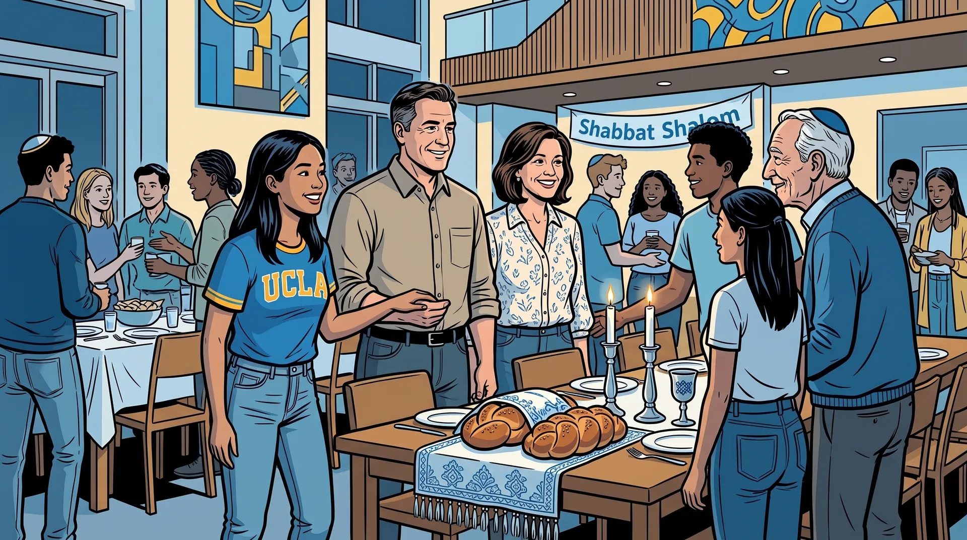Illustration of a student welcoming family members to a Shabbat dinner table set with candles and covered braided challah.