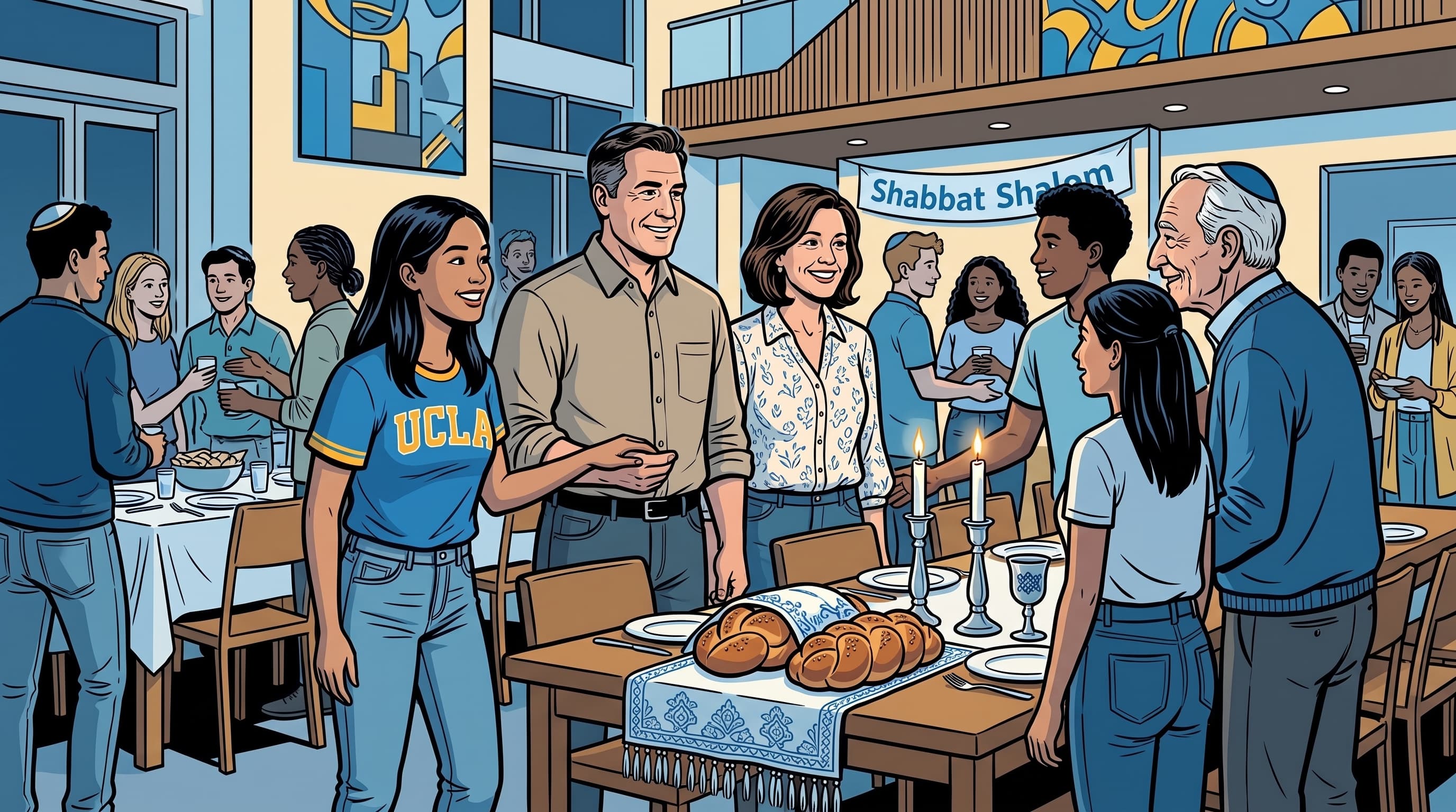 Illustration of a student welcoming family members to a Shabbat dinner table set with candles and covered braided challah.
