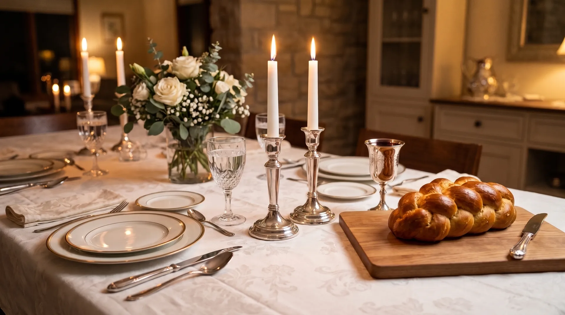 Shabbat table setting with two lit silver candlesticks, braided golden challah on a plain unengraved wooden board, silver Kiddush goblet with wine, and white roses under warm ambient evening lighting.