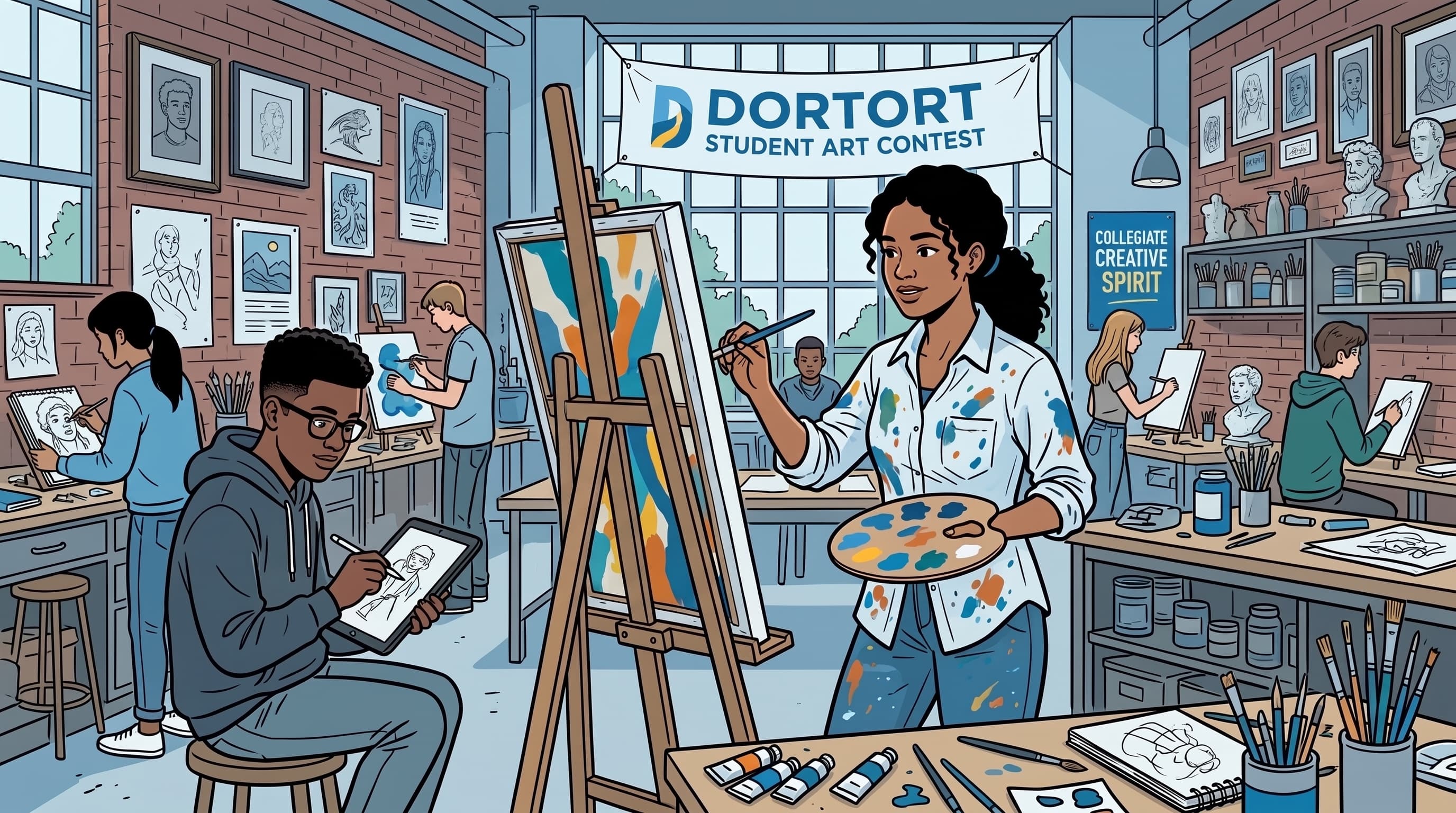 Illustration of students creating artwork in a bright studio, one painting on an easel and another working on a tablet.