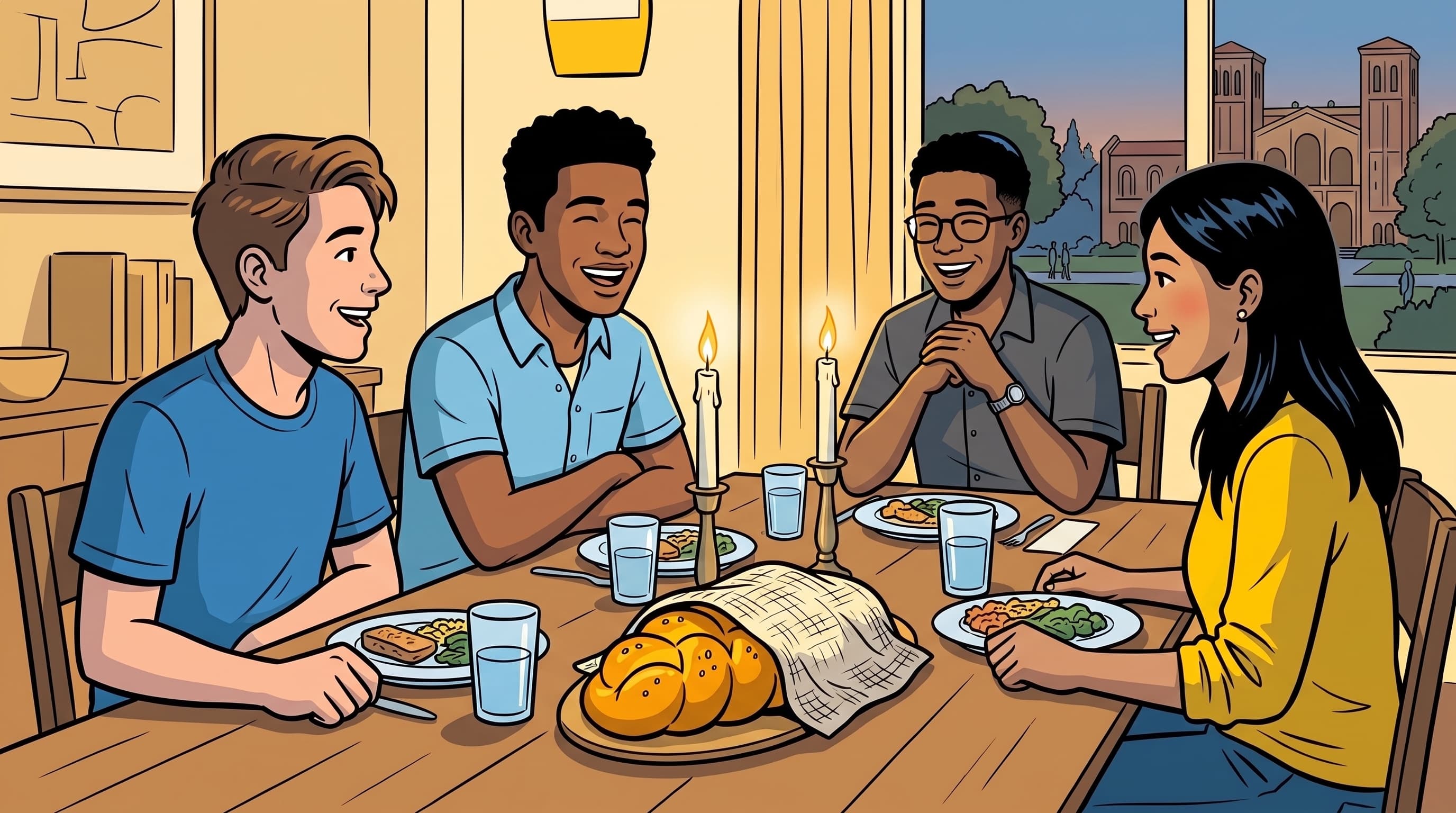 Graphic novel illustration of UCLA students gathered around a Friday night Shabbat dinner table with candles and challah.