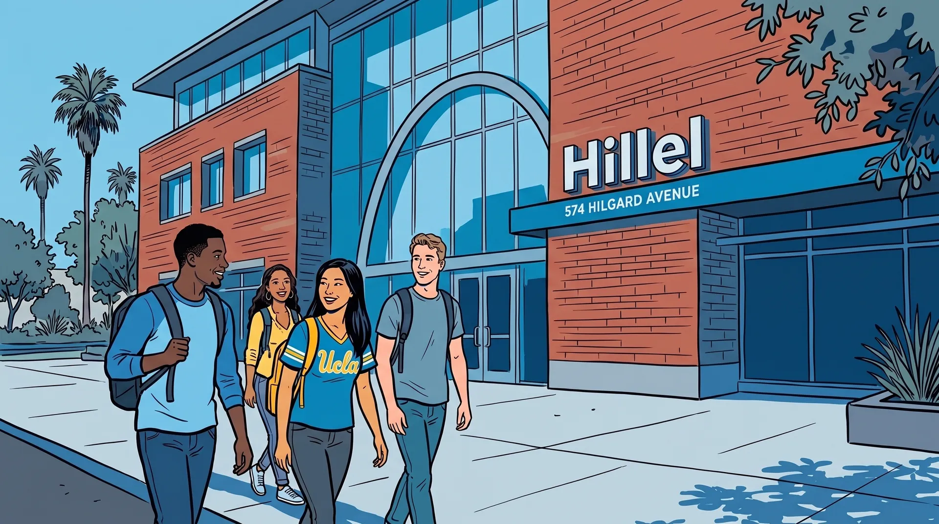 Graphic illustration of college students walking along the sidewalk outside the arched brick building of Hillel at UCLA.